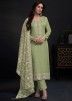 Green Embroidered Pant Suit Set In Organza