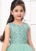 Readymade Teal Green Embroidered Net Kids Anarkali Suit