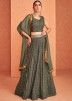 Green Embroidered Jacket Style Lehenga In Georgette