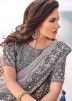 Grey Embroidered Mirror Work Saree With Blouse