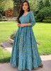 Blue Readymade Cotton Gown With Paisley Print