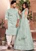 Blue Embroidered Readymade Couple Set In Net