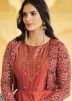Peach Embroidered Readyamde Jacket Style Gown In Cotton