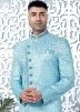Blue Readymade Art Silk Embroidered Mens Indowestern Sherwani
