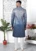 Shaded Blue Readymade Art Silk Embroidered Mens Indowestern Sherwani 