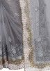 Grey Heavy Border Embroidered Net Saree With Blouse