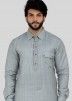 Readymade Grey Linen Pathani Suit For Men