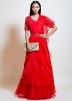 Buy Red Twin Layered Lehenga Style Ruffle Designer Saree Online