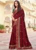 Maroon Heavy Border Embroidered Saree In Jute