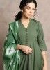 Green Readymade Pant Suit With Tie Dye Dupatta