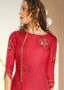 Red Asymmetric Embroidered Tussar Silk Palazzo Suit