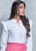 White Cotton Top With Bandhej Print Fringed Skirt