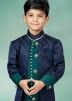 Green & Blue Kids Sherwani Set In Jacket Style