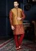 Buy Readymade Red Art Silk Kurta Pajama for Mens With Nehru Jacket Online USA