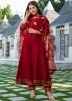 Red Readymade Plain Anarkali Suit With Dupatta