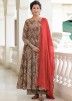 Beige Floral Printed Readymade Cotton Anarkali Suit