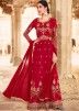 Red Zari Embroidered Flared Suit In Georgette