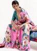 Pink Floral Print Satin Saree With Blouse