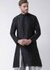 Black Readymade Dupion Silk Angrakha Style Short Wedding Mens Kurta Online