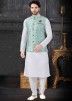 White Kurta Pant With Printed Nehru Jacket