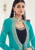Blue Jacket Style Embroidered Suit In Georgette
