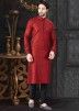 Red Art Silk Jacquard Woven Kurta With Churidar
