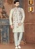 Off White Kurta Churidar With Floral Printed Nehru Jackets