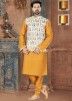 Yellow Art Silk Kurta Churidar With Floral Print Jacket
