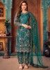 Sequined Teal Green Pant Style Suit With Net Dupatta