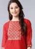 Readymade Embroidered Red Rayon Kurta Set