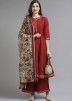 Red Readymade Laced Flared Style Palazzo Suit