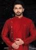 Red Asymmetric Art Silk Kurta Dhoti Set For Men