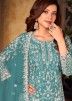 Turquoise Embroidered Net Palazzo Suit With Dupatta