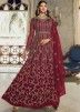 Red Embroidered Anarkali Style Suit In Net