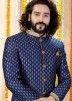 Readymade Navy Blue Woven Sherwani With Trouser