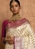 Cream & Pink Half N Half Banarasi Satin Woven Saree