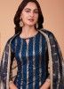 Blue Embroidered Net Straight Pant Suit Set