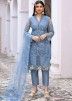 Blue Net Embroidered Pant Suit Set