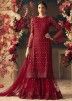Maroon Embroidered Palazzo Suit Set In Net