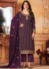 Purple Zari Embroidered Pant Suit Set In Georgette