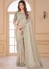 Grey Heavy Border Georgette Crushed Saree & Blouse