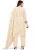 Cream Embroidered Pant Style Suit In Georgette