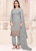 Grey Thread Embroidered Georgette Pant Suit Set