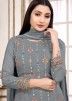 Grey Embroidered Pant Suit In Georgette