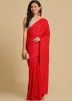 Red Satin Casual Wear Plain Simple Saree With Jacquard Blouse