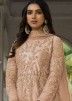 Beige Net Abaya Style Suit In Dori Embroidery