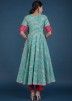 Readymade Blue Floral Printed Angrakha Style Suit