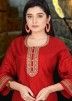 Red Embroidered Art Silk Pant Suit Set
