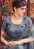 Grey Contemporary Style Embroidered Saree In Net