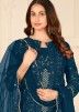 Blue Embroidered Pant Suit Set With Net Dupatta